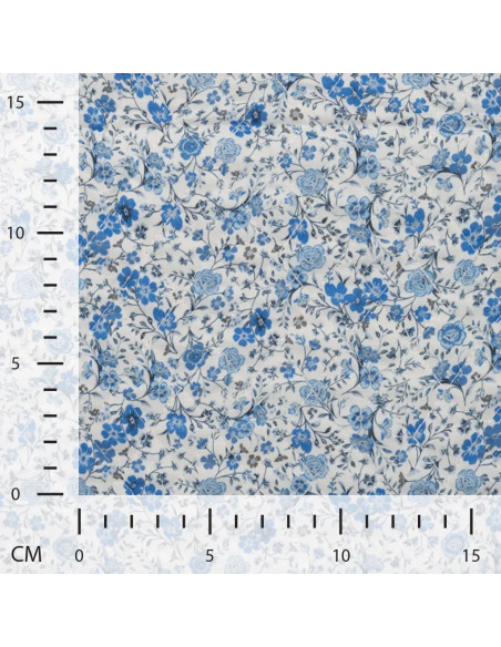 Tissu, Matelassé Impression Digitale Fleurs, Bleu à Fleurs Roses & Violettes, Laize 130 cm, Polyester 75% Coton 25%