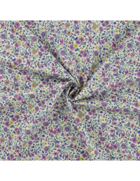 Tissu, Popeline de Coton Fleurie, Violettes, Laize 150 cm, 100% Coton 75g/m²