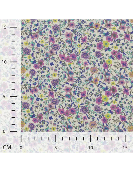 Popeline de coton, impression digitale, fleurs violettes