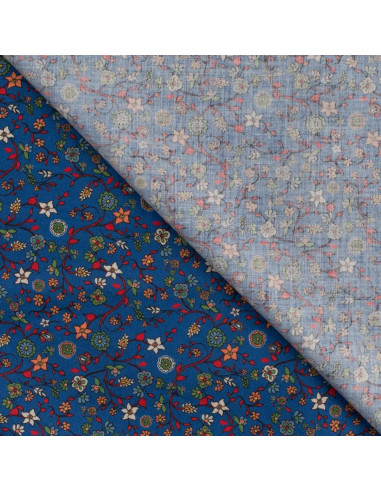 Popeline de coton, impression digitale, fleurs, fond bleu