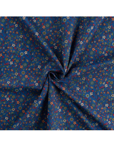 Popeline de coton, impression digitale, fleurs, fond bleu