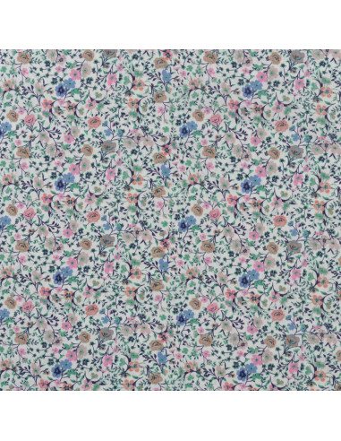 Tissu, Popeline de Coton Fleurie Digitale, Rose et Vert sur Blanc, Laize 150 cm, 100% Coton 75g/m²