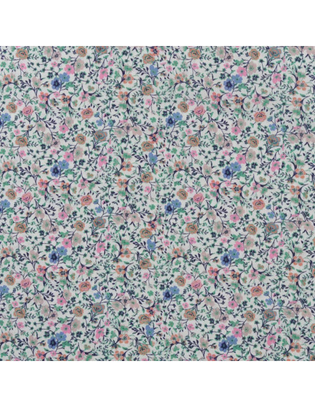 Tissu, Popeline de Coton Fleurie Digitale, Rose et Vert sur Blanc, Laize 150 cm, 100% Coton 75g/m²
