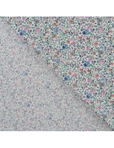 Tissu, Popeline de Coton Fleurie Digitale, Rose et Vert sur Blanc, Laize 150 cm, 100% Coton 75g/m²