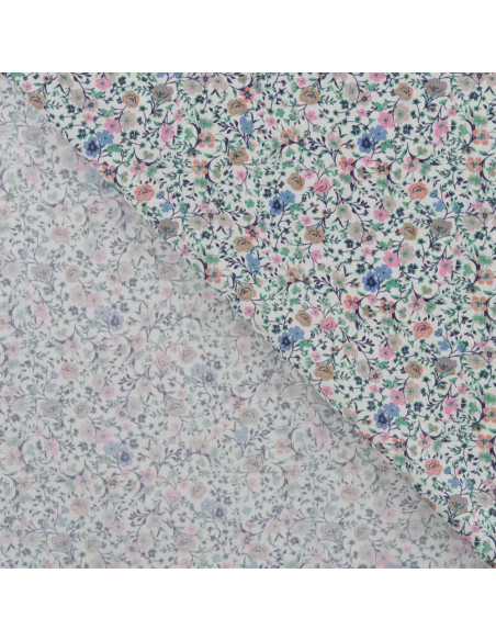 Tissu, Popeline de Coton Fleurie Digitale, Rose et Vert sur Blanc, Laize 150 cm, 100% Coton 75g/m²