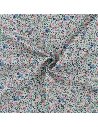 Tissu, Popeline de Coton Fleurie Digitale, Rose et Vert sur Blanc, Laize 150 cm, 100% Coton 75g/m²