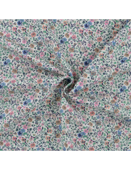 Tissu, Popeline de Coton Fleurie Digitale, Rose et Vert sur Blanc, Laize 150 cm, 100% Coton 75g/m²