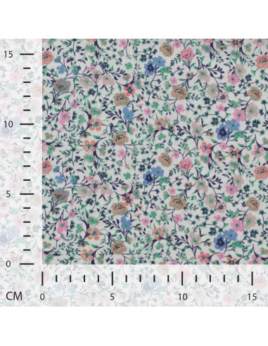 Tissu, Popeline de Coton Fleurie Digitale, Rose et Vert sur Blanc, Laize 150 cm, 100% Coton 75g/m²