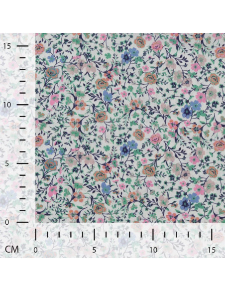 Tissu, Popeline de Coton Fleurie Digitale, Rose et Vert sur Blanc, Laize 150 cm, 100% Coton 75g/m²