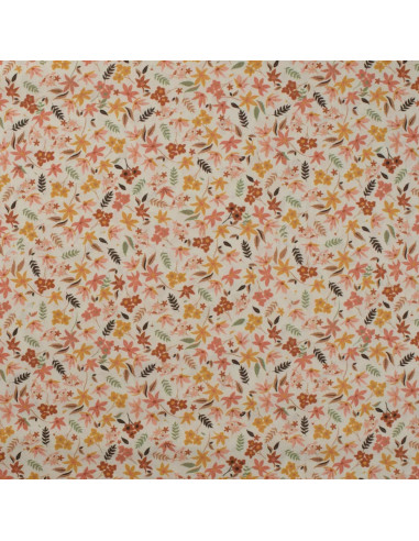Tissu, Popeline de Coton Fleurie Digitale, Jaune Orange sur Blanc, Laize 150 cm, 100% Coton 75g/m²
