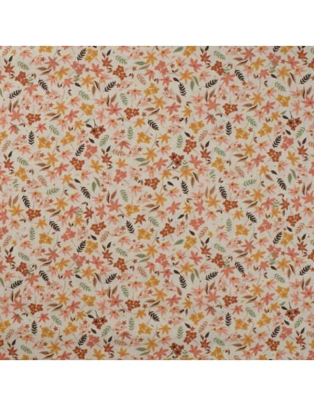 Tissu, Popeline de Coton Fleurie Digitale, Jaune Orange sur Blanc, Laize 150 cm, 100% Coton 75g/m²