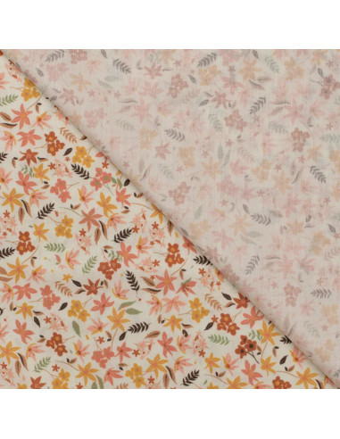 Tissu, Popeline de Coton Fleurie Digitale, Jaune Orange sur Blanc, Laize 150 cm, 100% Coton 75g/m²