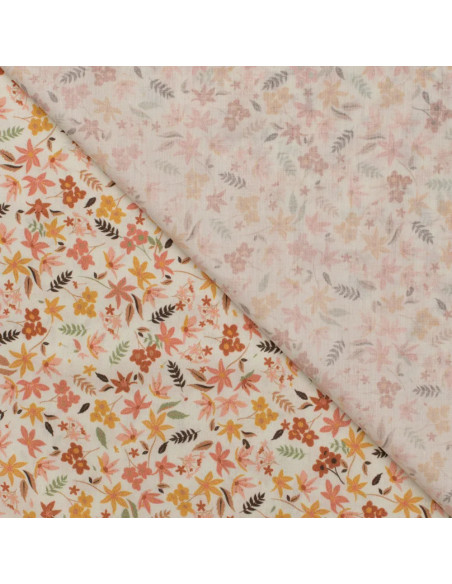 Tissu, Popeline de Coton Fleurie Digitale, Jaune Orange sur Blanc, Laize 150 cm, 100% Coton 75g/m²