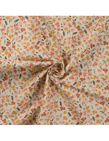 Tissu, Popeline de Coton Fleurie Digitale, Jaune Orange sur Blanc, Laize 150 cm, 100% Coton 75g/m²