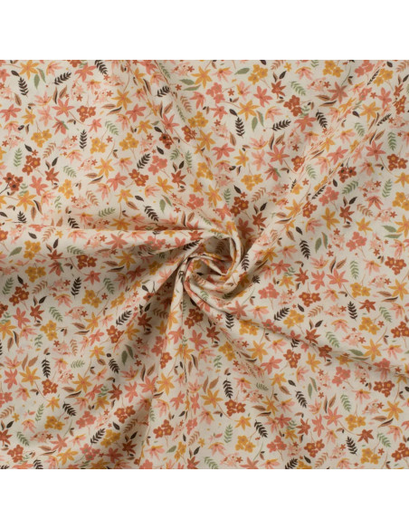 Tissu, Popeline de Coton Fleurie Digitale, Jaune Orange sur Blanc, Laize 150 cm, 100% Coton 75g/m²