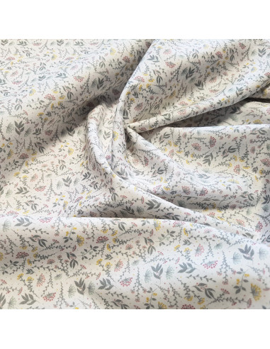 Tissu, Popeline de Coton Fleurie, Vert et Jaune Tendres, Laize 150 cm, 100% Coton 75g/m²