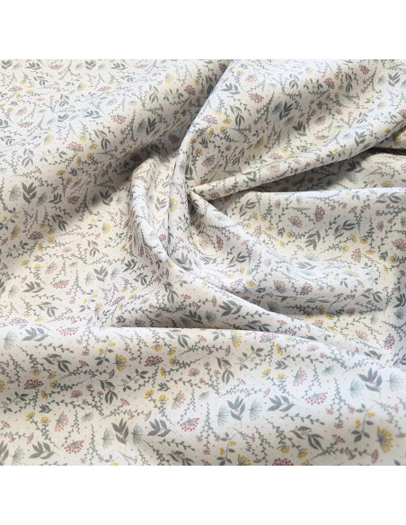 Tissu, Popeline de Coton Fleurie, Vert et Jaune Tendres, Laize 150 cm, 100% Coton 75g/m²