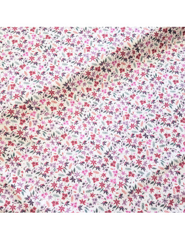 Tissu, Popeline de Coton Fleurie Digitale, Rose sur Fond Blanc, Laize 150 cm, 100% Coton 75g/m²