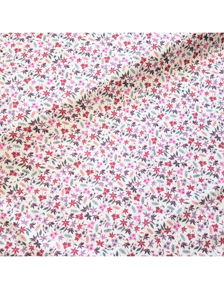 Tissu, Popeline de Coton Fleurie Digitale, Rose sur Fond Blanc, Laize 150 cm, 100% Coton 75g/m²