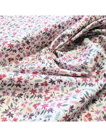 Tissu, Popeline de Coton Fleurie Digitale, Rose sur Fond Blanc, Laize 150 cm, 100% Coton 75g/m²