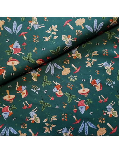 Tissu, Popeline de Coton Fées de la Forêt, Vert Forêt, Laize 150 cm, 100% Coton 165g/ml