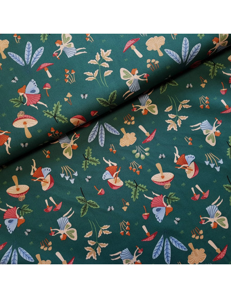 Tissu, Popeline de Coton Fées de la Forêt, Vert Forêt, Laize 150 cm, 100% Coton 165g/ml