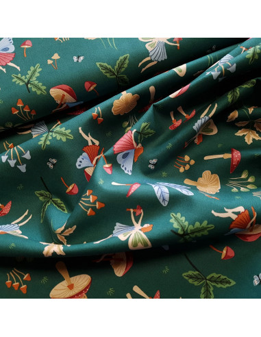 Tissu, Popeline de Coton Fées de la Forêt, Vert Forêt, Laize 150 cm, 100% Coton 165g/ml