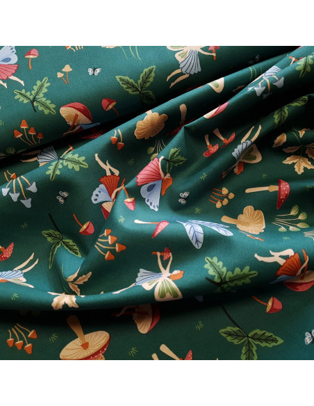 Tissu, Popeline de Coton Fées de la Forêt, Vert Forêt, Laize 150 cm, 100% Coton 165g/ml