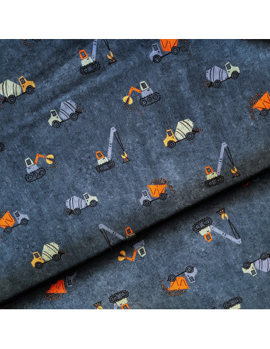 Tissu, Popeline de Coton Engins de Chantier, Bleu Jean, Laize 150 cm, 100% Coton 165g/m²
