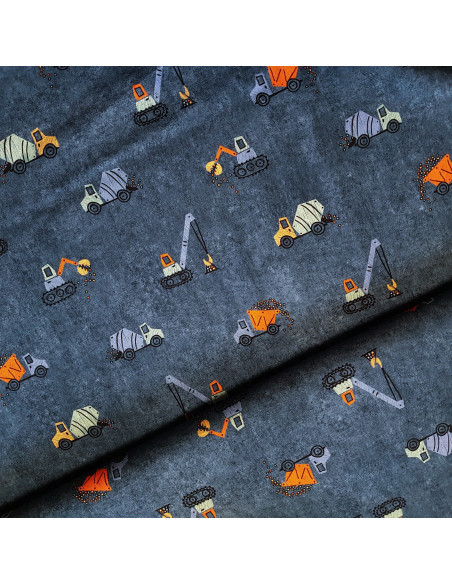 Tissu, Popeline de Coton Engins de Chantier, Bleu Jean, Laize 150 cm, 100% Coton 165g/m²