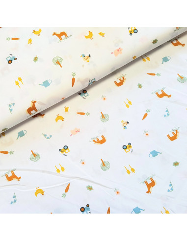 Tissu, Popeline de Coton Animaux de la Ferme, Fond Blanc, Laize 150 cm, 100% Coton 110g/m²
