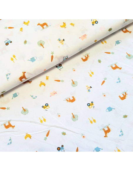 Tissu, Popeline de Coton Animaux de la Ferme, Fond Blanc, Laize 150 cm, 100% Coton 110g/m²