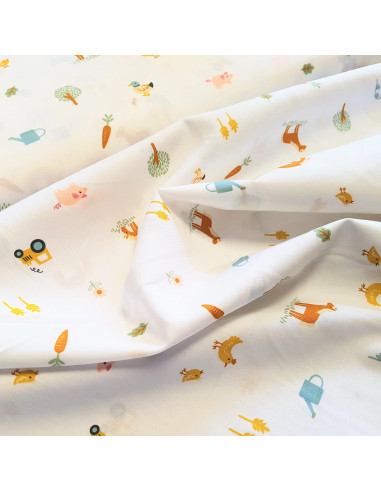 Tissu, Popeline de Coton Animaux de la Ferme, Fond Blanc, Laize 150 cm, 100% Coton 110g/m²