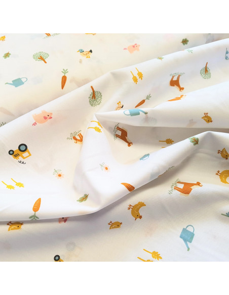 Tissu, Popeline de Coton Animaux de la Ferme, Fond Blanc, Laize 150 cm, 100% Coton 110g/m²
