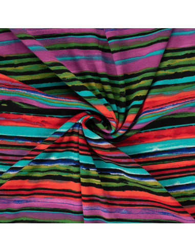 Tissu, Jersey de Viscose, Rayures Multicolores, Laize 150 cm, Viscose Stretch Oeko-Tex