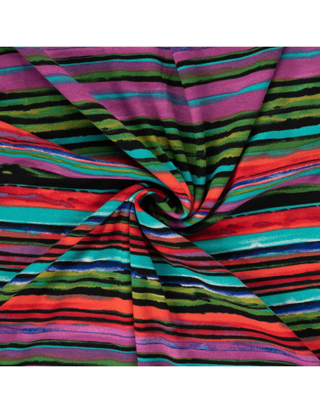 Tissu, Jersey de Viscose, Rayures Multicolores, Laize 150 cm, Viscose Stretch Oeko-Tex