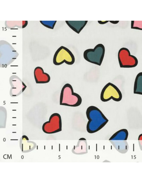 Tissu, Popeline de Coton Cœurs, Blanc Multicolore, Laize 150 cm, 100% Coton 100g/m²
