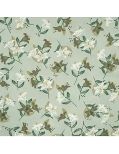 Tissu, Popeline de Coton Fleurie, Vert Clair, Laize 150 cm, 100% Coton 100g/m²