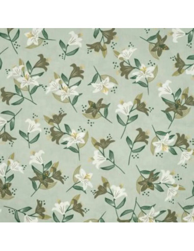 Tissu, Popeline de Coton Fleurie, Vert Clair, Laize 150 cm, 100% Coton 100g/m²
