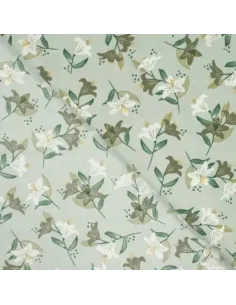 Tissu, Popeline de Coton Fleurie, Vert Clair, Laize 150 cm, 100% Coton 100g/m² 2