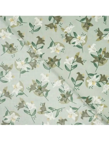 Tissu, Popeline de Coton Fleurie, Vert Clair, Laize 150 cm, 100% Coton 100g/m²