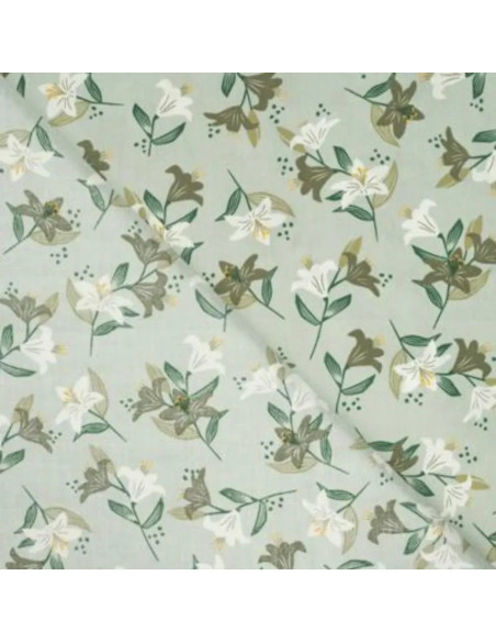 Tissu, Popeline de Coton Fleurie, Vert Clair, Laize 150 cm, 100% Coton 100g/m²