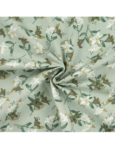 Tissu, Popeline de Coton Fleurie, Vert Clair, Laize 150 cm, 100% Coton 100g/m²