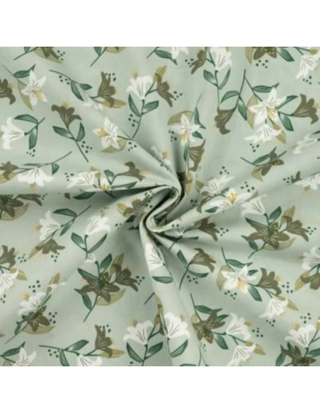 Tissu, Popeline de Coton Fleurie, Vert Clair, Laize 150 cm, 100% Coton 100g/m²
