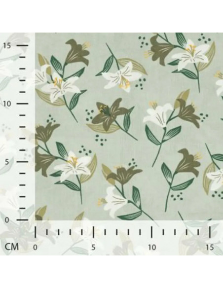 Tissu, Popeline de Coton Fleurie, Vert Clair, Laize 150 cm, 100% Coton 100g/m²
