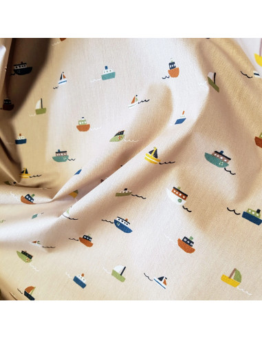 Tissu, Coton Enduit Petits Bateaux Rayés, Marine Multicolore, Laize 150 cm, 80% Coton 20% Acrylique 207g/ml