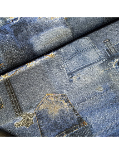 Tissu, Demi-Natté Imprimé, Blue Jean's, Laize 140 cm, Coton Polyester d'Ameublement 205g/m²