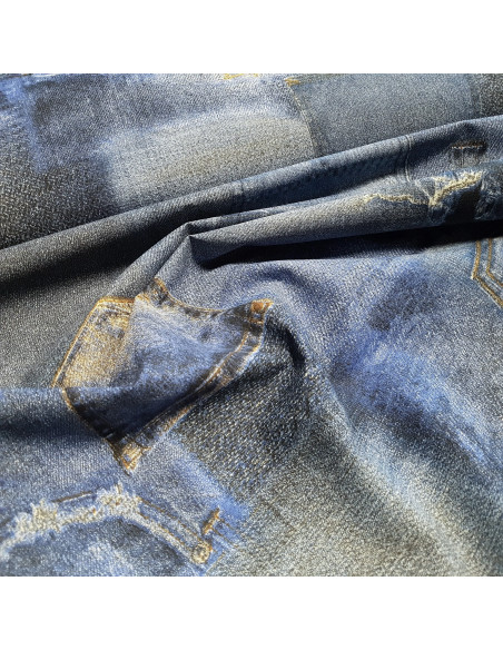 Tissu, Demi-Natté Imprimé, Blue Jean's, Laize 140 cm, Coton Polyester d'Ameublement 205g/m²