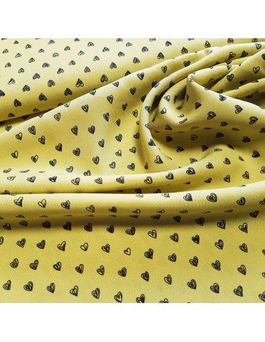 Tissu, Viscose Imprimée Cœurs, Jaune Vert, Laize 140 cm, 100% Viscose 110g/m²