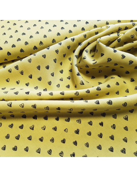 Tissu, Viscose Imprimée Cœurs, Jaune Vert, Laize 140 cm, 100% Viscose 110g/m²